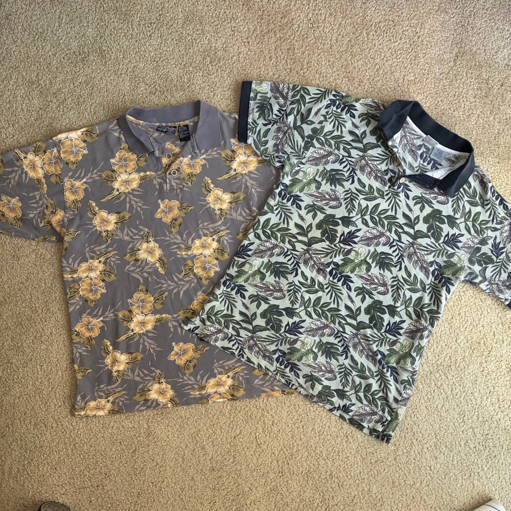 Lot of 2 Vintage OP Sport Tropical Floral Polo Shirts Mens Medium Hibiscus Leaf